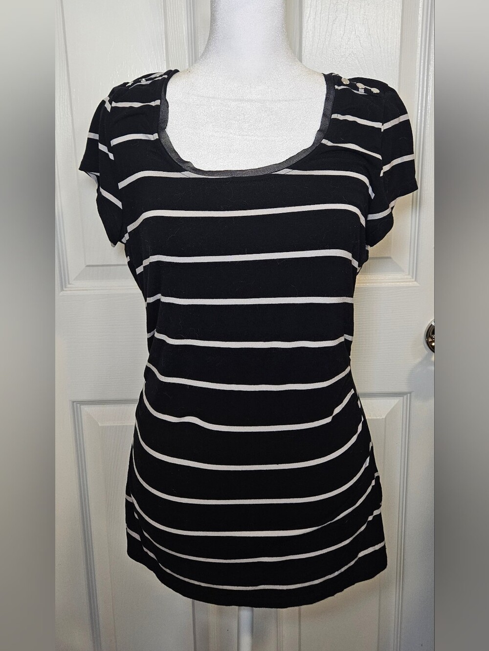 White House Black Market Black & White Striped Scoop Neck Tee